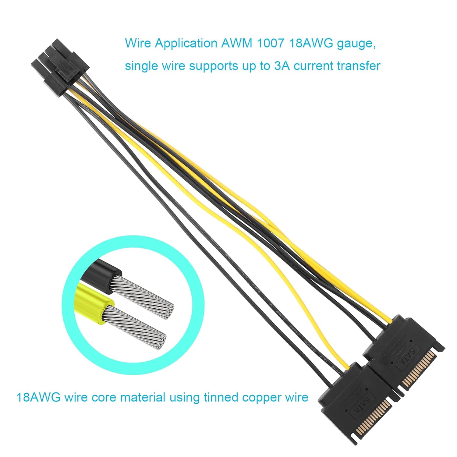 HRTGFD-Dual SATA 15 PIN to ATX 8PIN(6+2) Adapter GPU Power Cable 8.7in/22.0cm(Pack of 2)