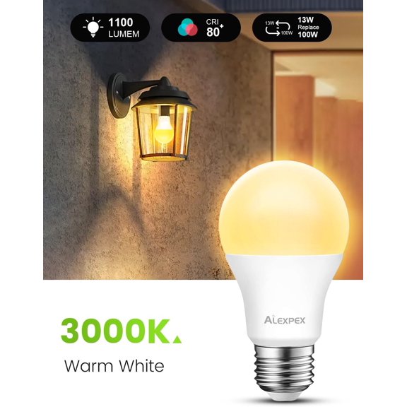 HRTGFD-Dusk to Dawn LED Light Bulbs, 13W(100W Equivalent) 1100LM, 3000K Warm White, A19 E26 Automatic Sensor Lighting for Indoor Outdoor, Lightbulbs for Porch, Front Door, Entryway, 3 Pack