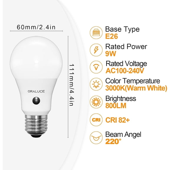 HRTGFD-Dusk to Dawn LED Outdoor Light Bulb Warm White 3000K, A19 Automatic Light Bulbs for Outside 60 Watt, Auto On/Off Lightbulb E26 Base Non-dimmable, 2 Pack