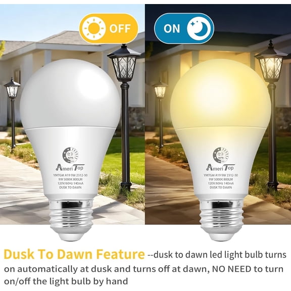 HRTGFD-Dusk to Dawn Light Bulb- 3 Pack, A19 LED Sensor Light Bulbs; Automatic On/Off, 800 Lumen, Energy Efficient 9W(60 Watt Equivalent), E26 Base, Indoor/Outdoor Lighting Bulb (3000K Warm White)