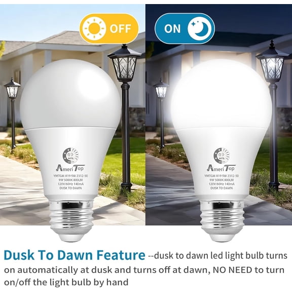 HRTGFD-Dusk to Dawn Light Bulb- 3 Pack, A19 LED Sensor Light Bulbs; Automatic On/Off, 800 Lumen, Energy Efficient 9W(60 Watt Equivalent), E26 Base, Indoor/Outdoor Lighting Bulb (5000K Daylight)
