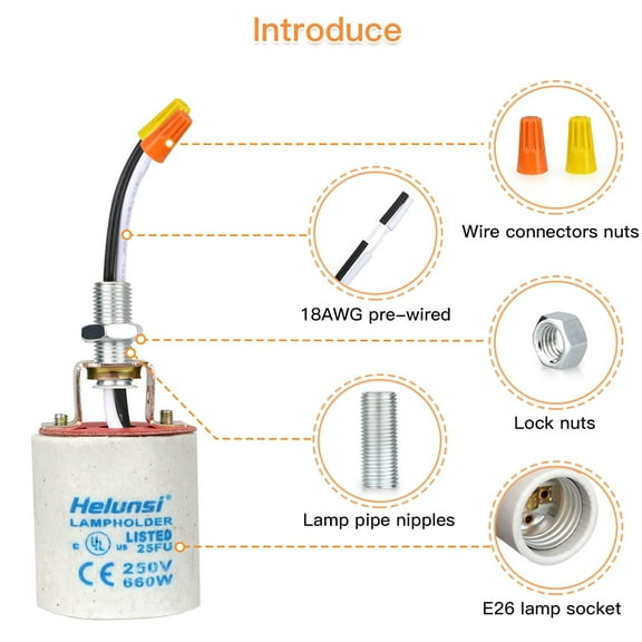 HRTGFD-E26 E27 Ceramic Light Socket, Medium Base Porcelain Lamp Holder, Ceramic Light Bulb Socket with 12" Wire Lead, Medium Base Lampholder for Incandescent Led Light Bulbs Replacement (Pack of 4)