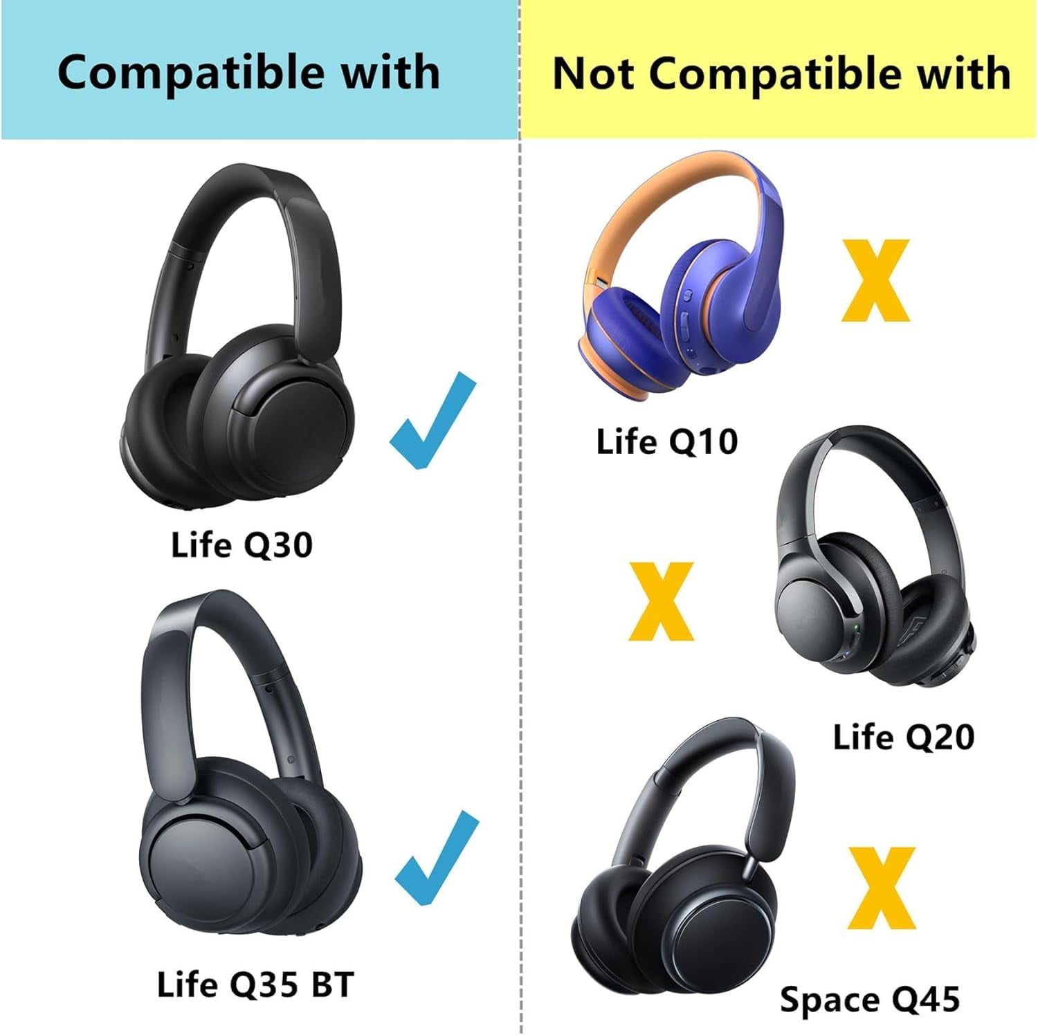 HRTGFD-Earpads Replacement Compatible with Anker Soundcore Life Q30 Q35 BT Q35 Bluetooth Headphone Cooling Gel Ear Pads Pillow Cushion Headband Cover Kit