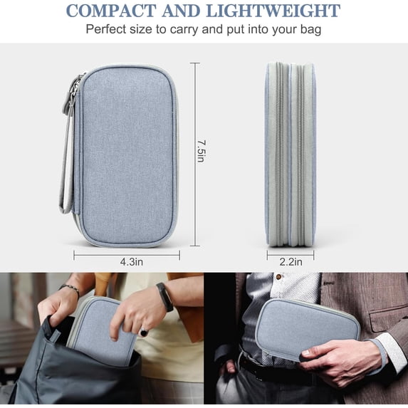 HRTGFD-Electronic Organizer, Travel Cable Organizer Bag Pouch Electronic Accessories Carry Case Portable Waterproof Double Layers All-in-One Storage Bag for Cable, Charger, Phone, Earphone Light Grey