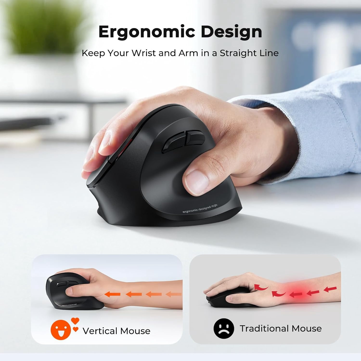 HRTGFD-Ergonomic Mouse, Wireless Bluetooth Vertical Mouse with 3 Multi-Device for Bluetooth(5.3 * 2) & USB-A to USB-C Adapter, 4 DPI 1200-3200 Ergo Mice for Mac/Windows/Laptop/Computer(Large Hands)