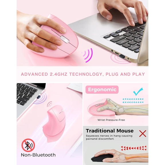 HRTGFD-Ergonomic Mouse Wireless, Rechargeable Mouse Silent for Carpal Tunnel Right Hand, 2.4GHz USB Vertical Mouse Wireless for Laptop etc, 3 Adjustable 800/1200/1600 DPI, Pink