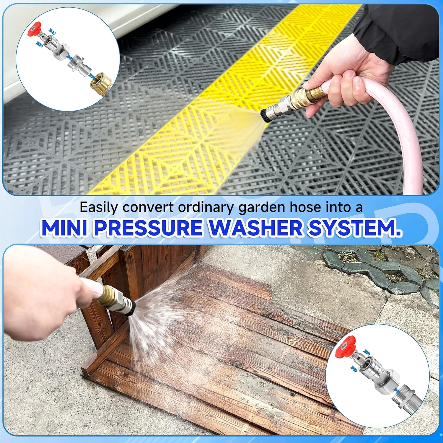 HRTGFD-Garden Hose to Pressure Washer Adapter, 3/4” GHT to 1/4” Stainless Steel Quick Connect, 3/4” GHT Male to 1/2” Quick Plug, Convert Water Hoses to Power Washer Connector