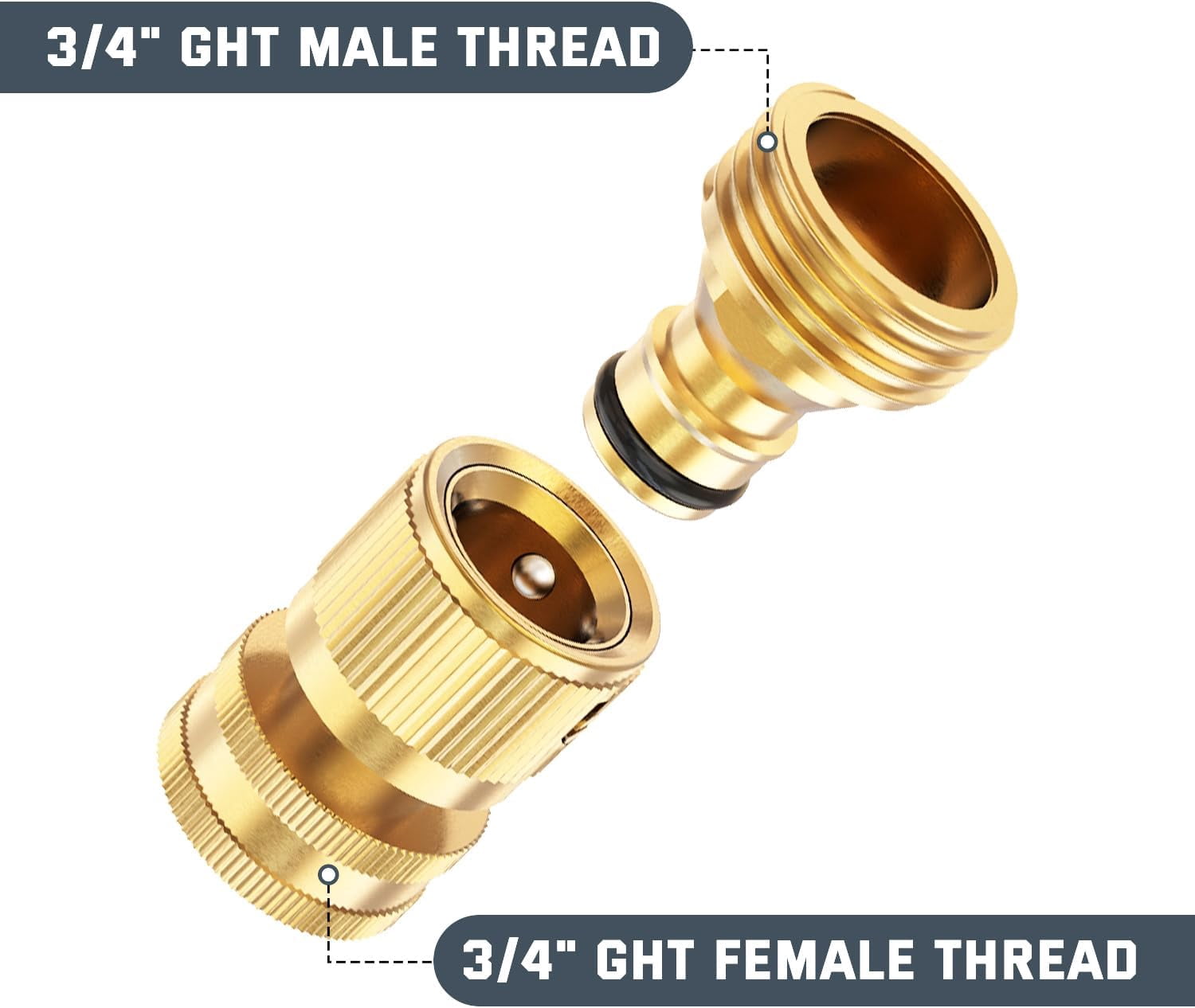 HRTGFD-Garden Hose Quick Connect 3/4 Inch GHT Solid Brass Hose Connector Adapter Kit Fitting No-Leak Water Hose Female and Male Adapter (4 Sets)