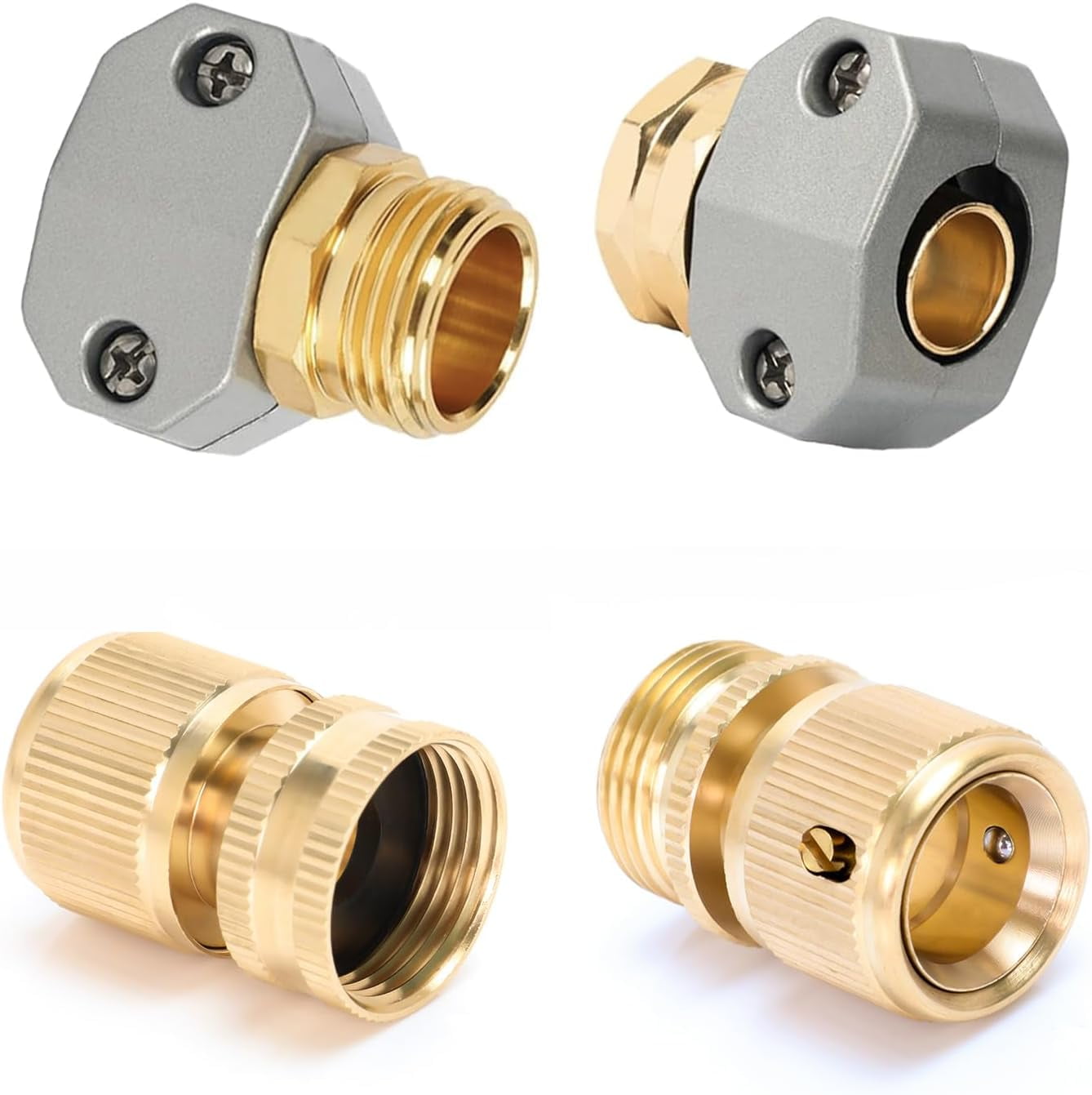 HRTGFD-Garden Hose Quick Connect Repair Kit, Brass Garden Hose End Repair 3/4 Inch GHT Male and Female Hose Quick Connector Repair Fittings for Water Hose 5/8" and 3/4"