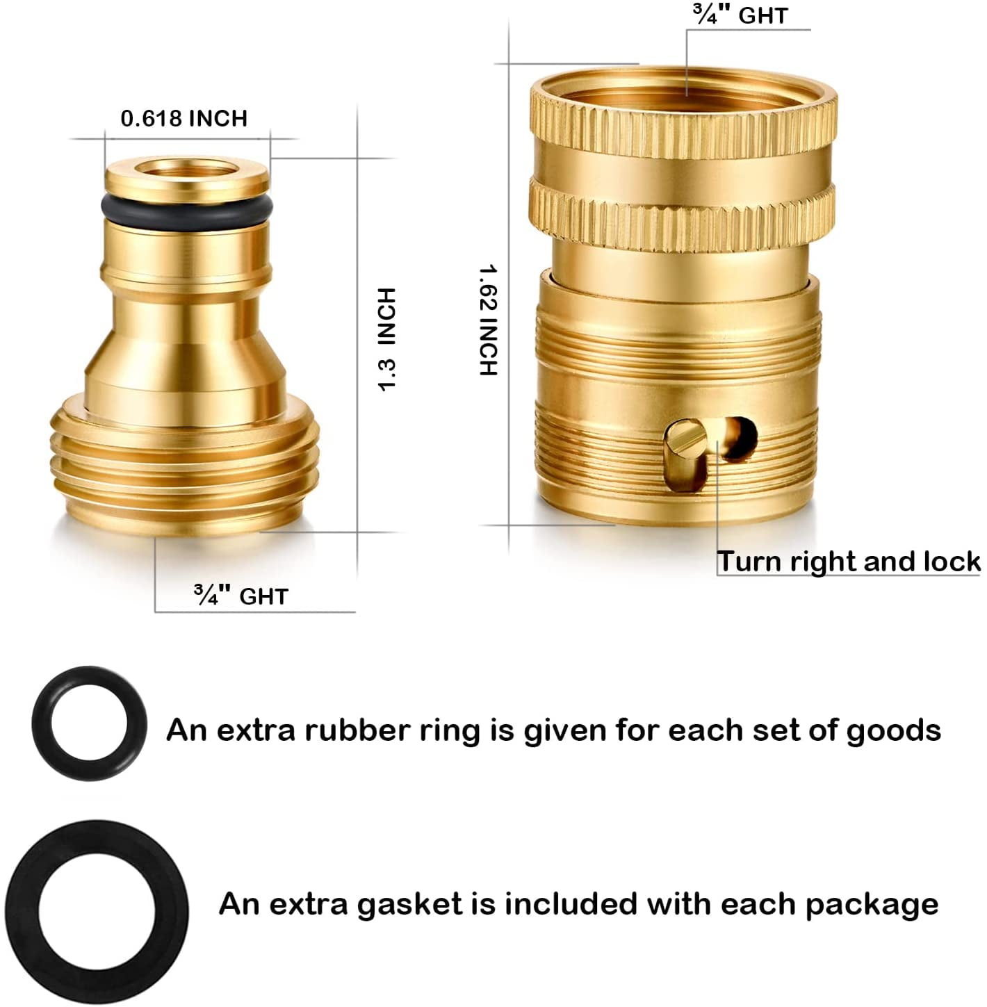 HRTGFD-Garden Hose Quick Connect Solid Brass 3/4 inch GHT Internal Thread Quick Connector Fittings No-Leak Water Hose Female Quick Connector and Male product adapters (2 SETS)