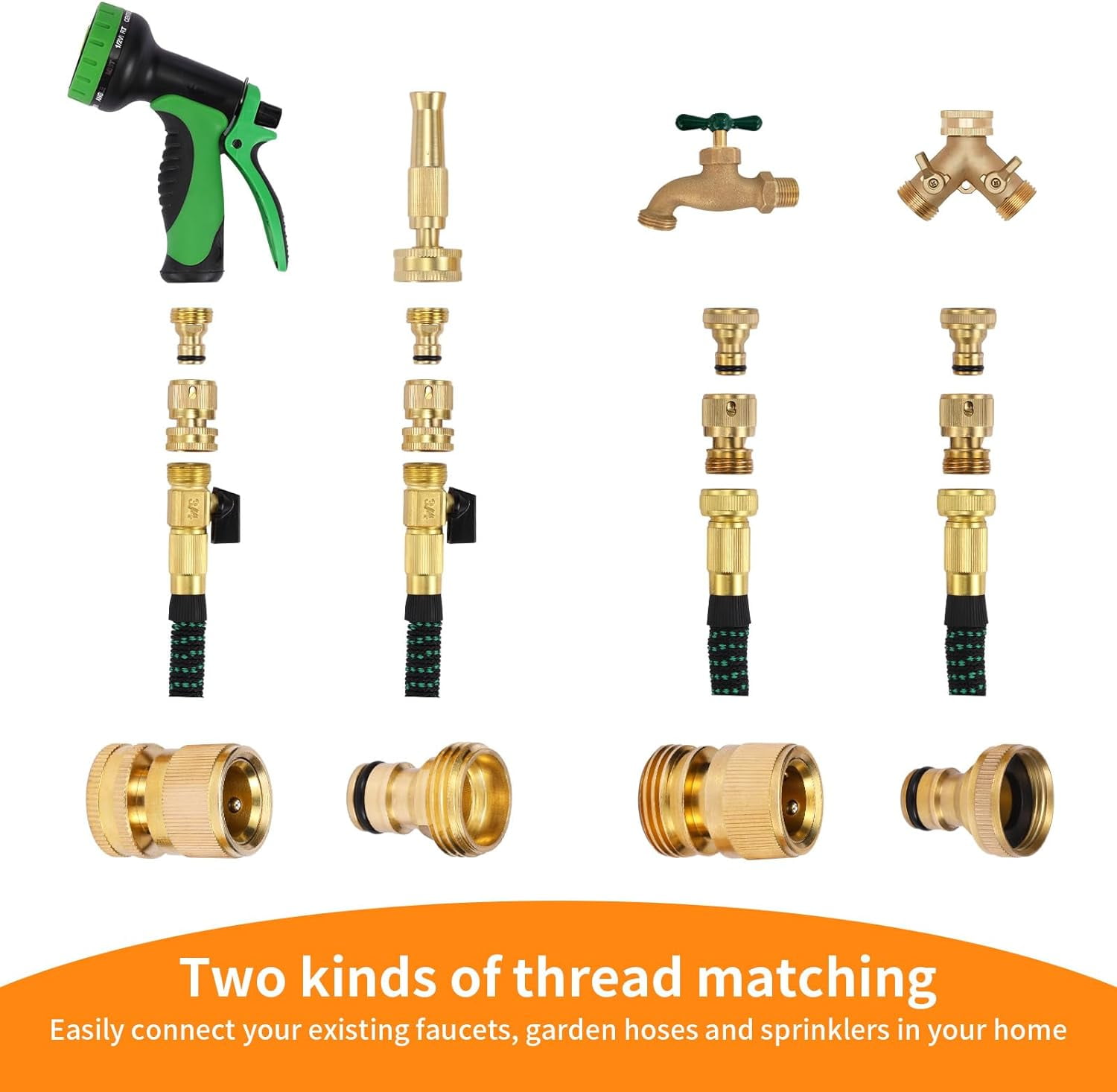 HRTGFD-Garden Hose Quick Connect Solid Brass Garden Hose Connector Water Hose Connectors Easy Connect Fittings Standard 3/4 inch GHT, 4 Complete Sets female & Male, Free Washers & Gaskets