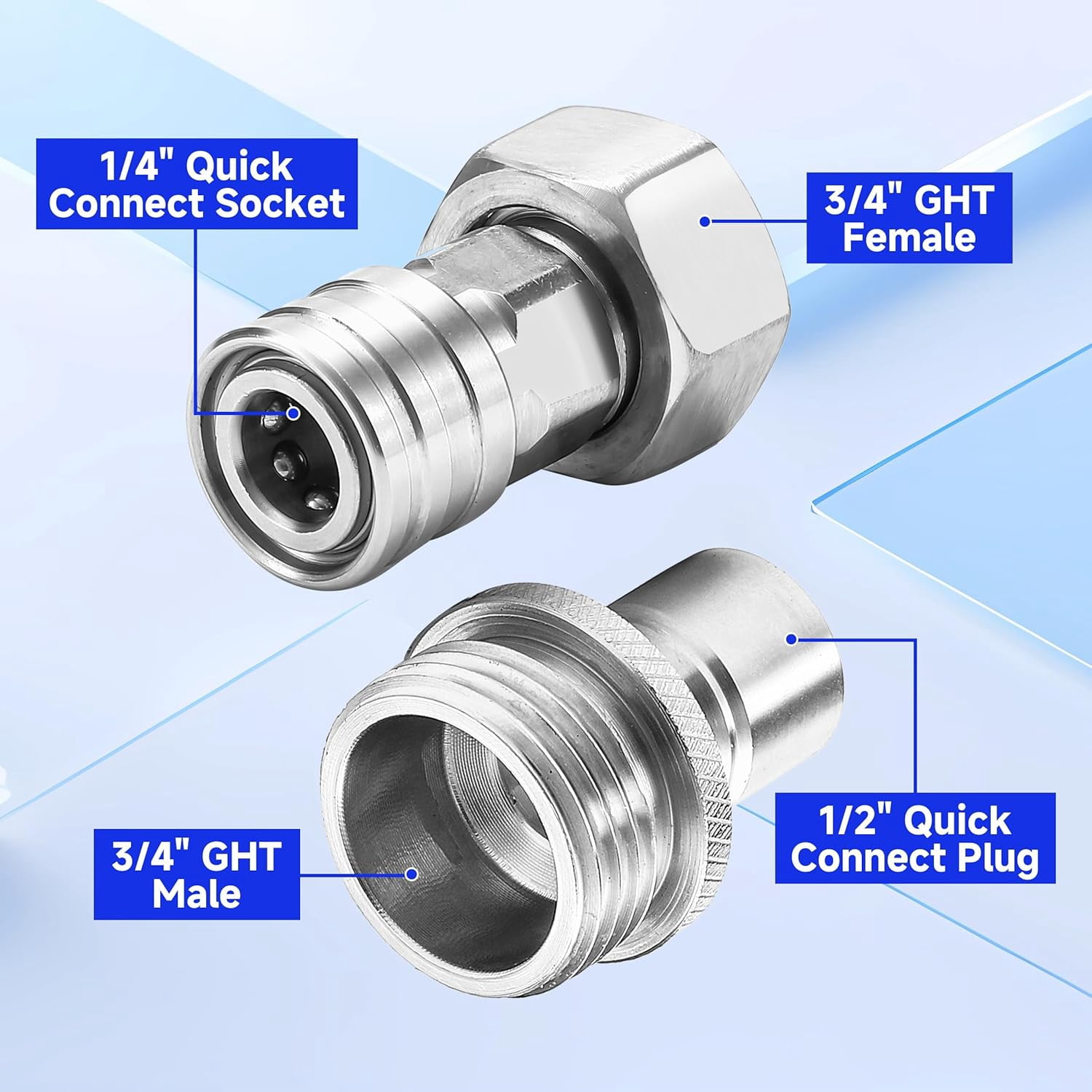 HRTGFD-Garden Hose to Pressure Washer Adapter, 3/4” GHT Female to 1/4” Quick Connect, 3/4” GHT Male to 1/2” Quick Plug, Stainless Steel, 2 Pcs