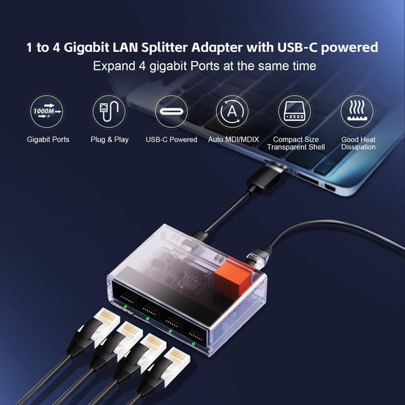 HRTGFD-Gigabit Ethernet Splitter 1 to 4 Port, 1000Mbps High-Speed LAN Adapter with USB Cable, Mini Plastic Network Hub, Plug & Play for Router, Modem, PC, IP Camera, Printer, Smart TV