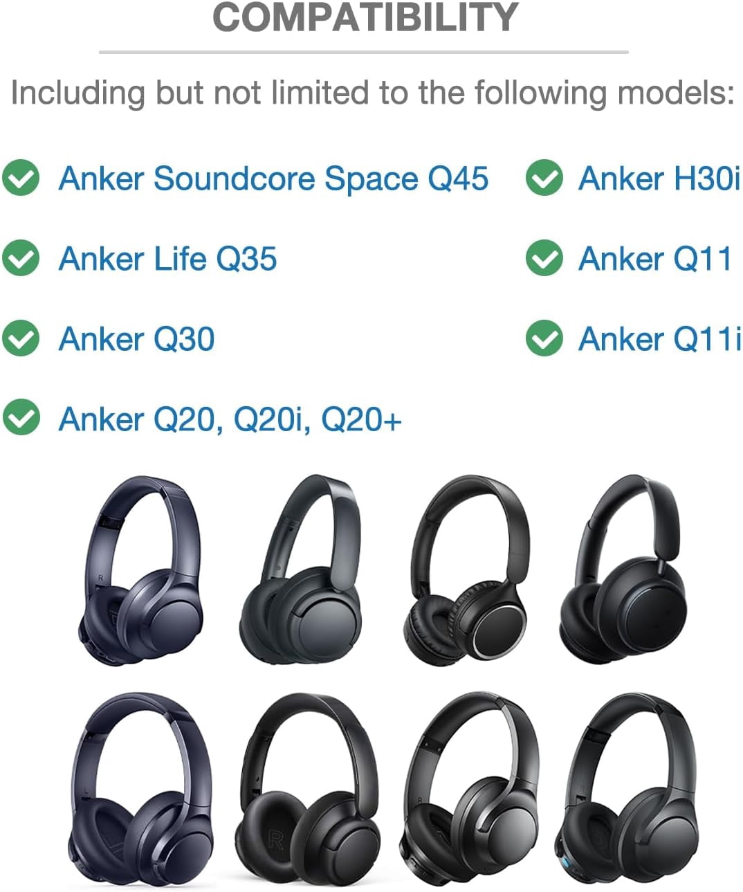 HRTGFD-Headband Cushion Cover Compatible with Anker Soundcore Space Q45, Life Q35, Q30, Q20, Q20i, Q20+, H30i Q11 Q11i Headphones, 6mm Thick Cushion, No Wobble Zipper Slider, with Hanging Loop