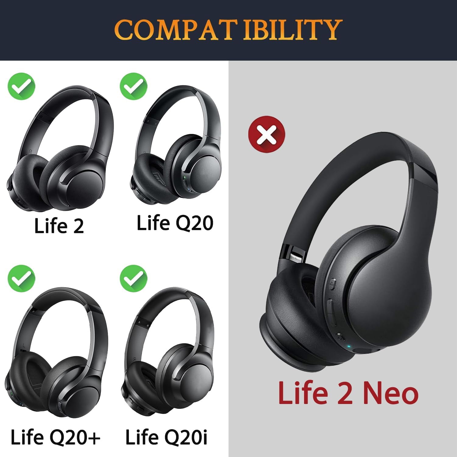 HRTGFD-Headband Side Cover Slider Outer & Inner for Anker Soundcore Life 2 (Not fit Life 2 Neo)/Q20/Q20+/Q20I/Q20BT Headphones, Replacement Head Band Repair Part Accessories Kit - Black