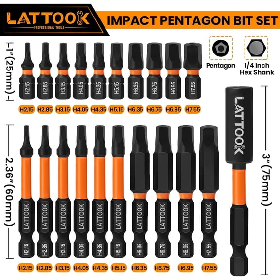 HRTGFD-Impact Pentagon Bit Set, 21-Pieces Metric 5 Sided Tamper Proof Security Bit Set, 1/4" Hex Shank Magnetic S2 Steel, 2.3'' & 1'' Long