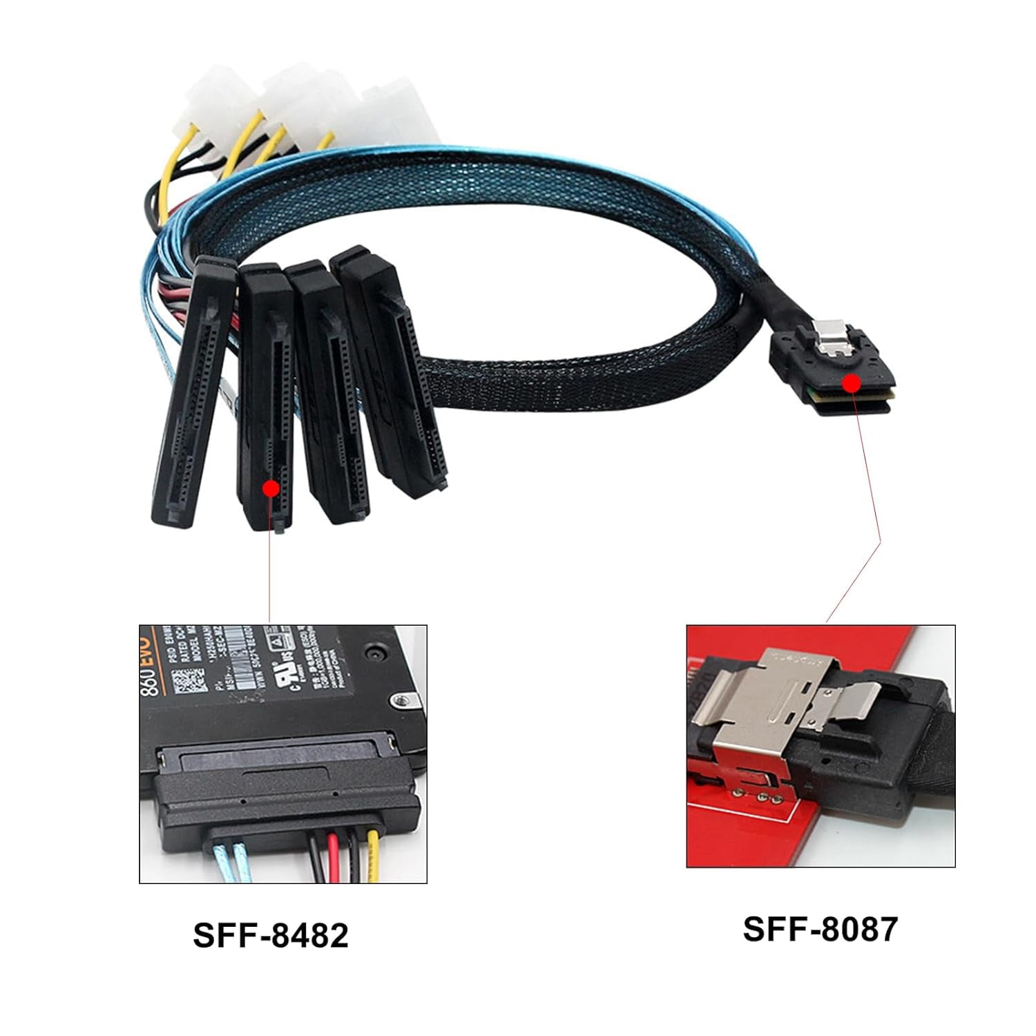 HRTGFD-Internal Mini SAS SFF-8087 to (4) 29pin SFF-8482 connectors with SATA Power, 1M / 3.3FT