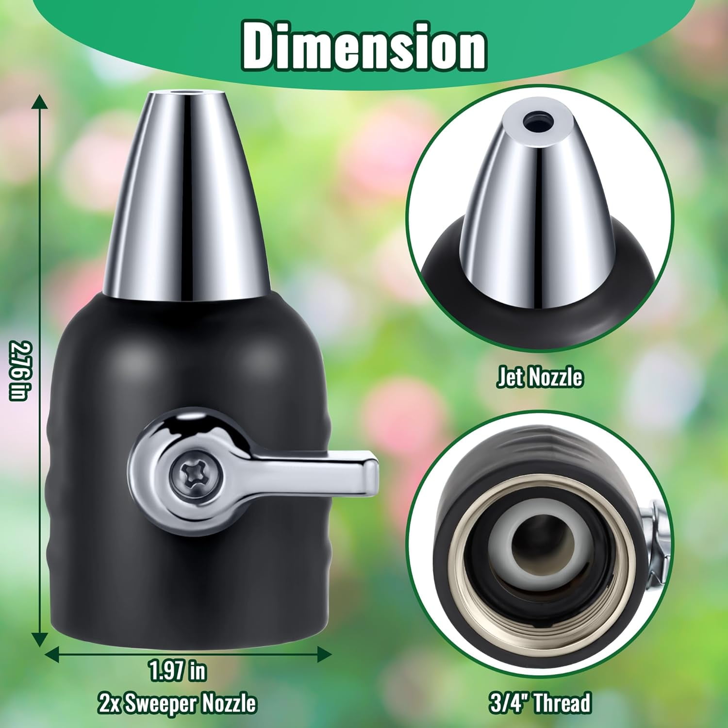 HRTGFD-Jet Nozzle with Shut Off, 3/4" GHT Sweeper Garden Hose End Zinc Nozzle with Shut Off Valve, Water Hose Sprayer Jet for Garden Watering, Car Washing and Sidewalk Sweeping(Black,2 Pack)