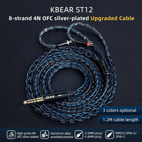 HRTGFD-KBEAR ST12 Recessed 2Pin IEM Cable, in Ear Monitor Replacement Earphone Cable, 8 Core 4N OFC Silver-plated Headphone Extension Wire for KZ ZS10 PRO/ZSN PRO X/CCA CRA Earbuds Wired (Dark, 2PIN-