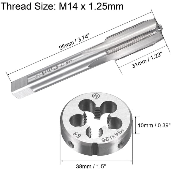 HRTGFD-M14 x 1.25mm Metric Tap and Die Set, Machine Thread Screw Tap with Round Threading Die, Tap & Die Kit for Nut Screw Bolt Thread Repair