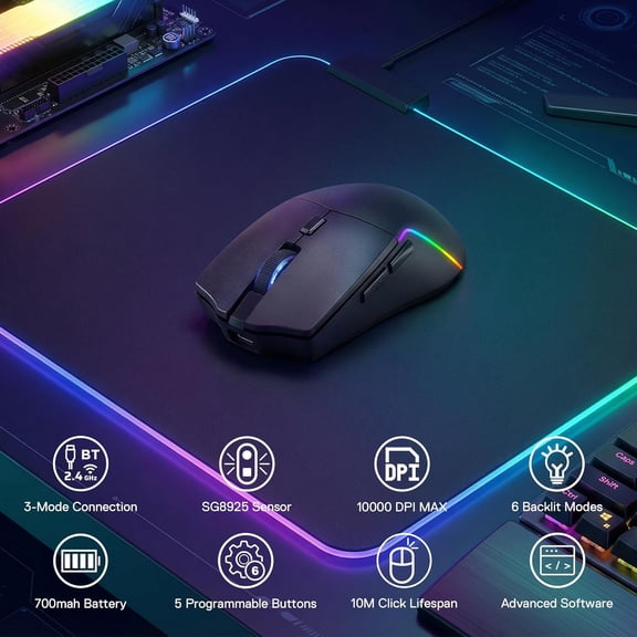 HRTGFD-M730 PRO Wireless RGB Gaming Mouse, 3-Mode Lightweight Optical Mouse with 5 Programmable Buttons, 10000 DPI, Software Supports DIY Keybinds for PC Computer Windows Mac Laptop, Black