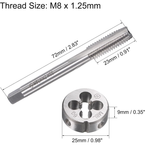 HRTGFD-M8 x 1.25mm Metric Left Hand Tap and Die Set, Machine Thread Screw Tap with Round Threading Die, Tap & Die Kit for Nut Screw Bolt Thread Repair
