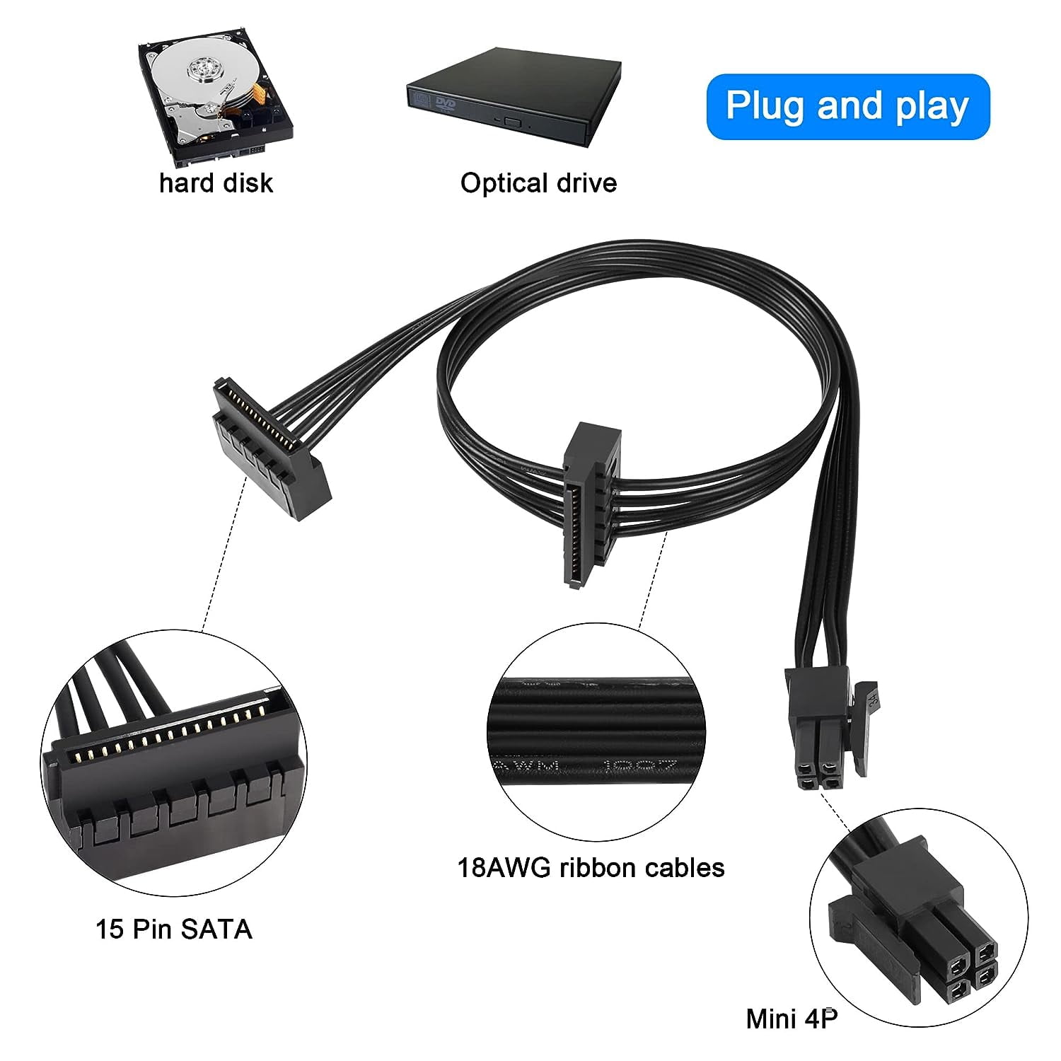 HRTGFD-Mini 4-pin to 2X Right Angle SATA Hard Drive Cable 4-pin 1 to 2 SATA SSD Power Cord Extension Cable