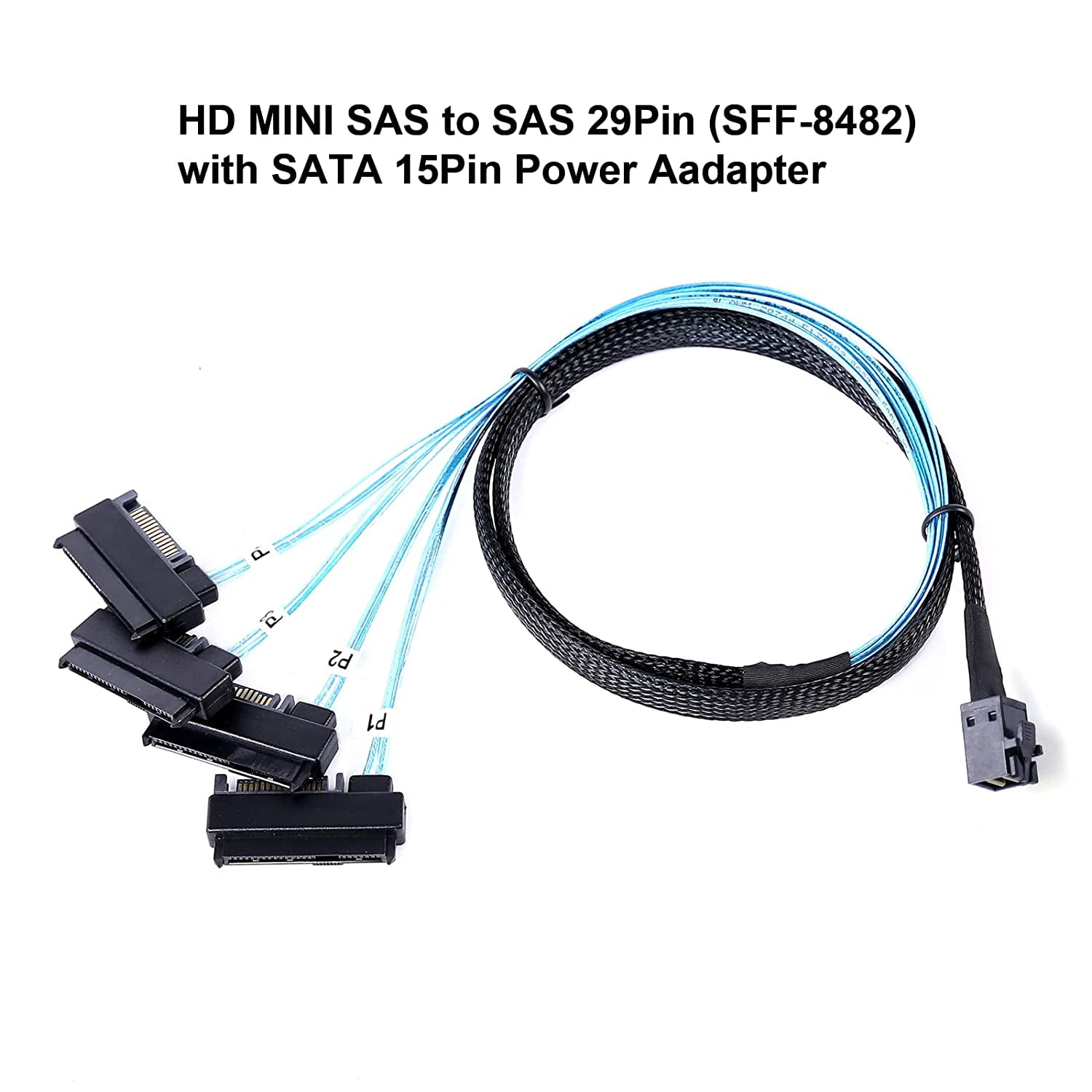 HRTGFD-Mini SAS to SAS Cable: 1M SFF-8643 to SAS SFF-8643 to SFF-8482 Connector 4X SFF-8482 with SATA Power Adapter Cable (3.3FT)