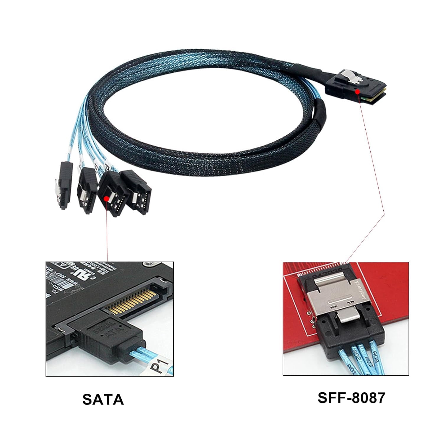 HRTGFD-Mini SAS to SATA Cable 36pin (SFF-8087) Male to 4X SATA 7pin Female Fan-Out Cable, 1Meter/ 3.3feet