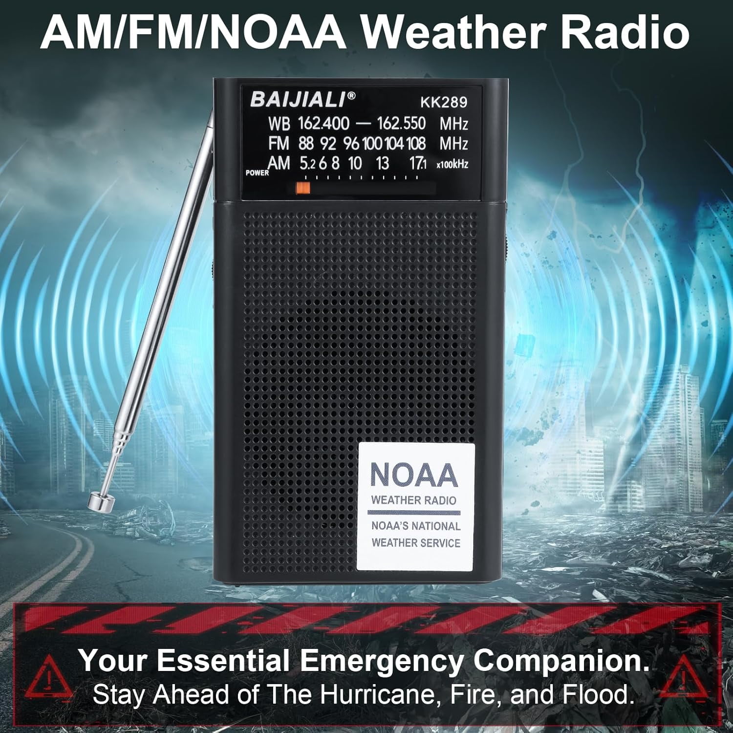 HRTGFD-NOAA Weather Radio with AM/FM, Emergency Portable Radio - Strong Reception, Battery Operated, Headphone Jack for Storms, Hurricanes and Outdoor Activities (Black)