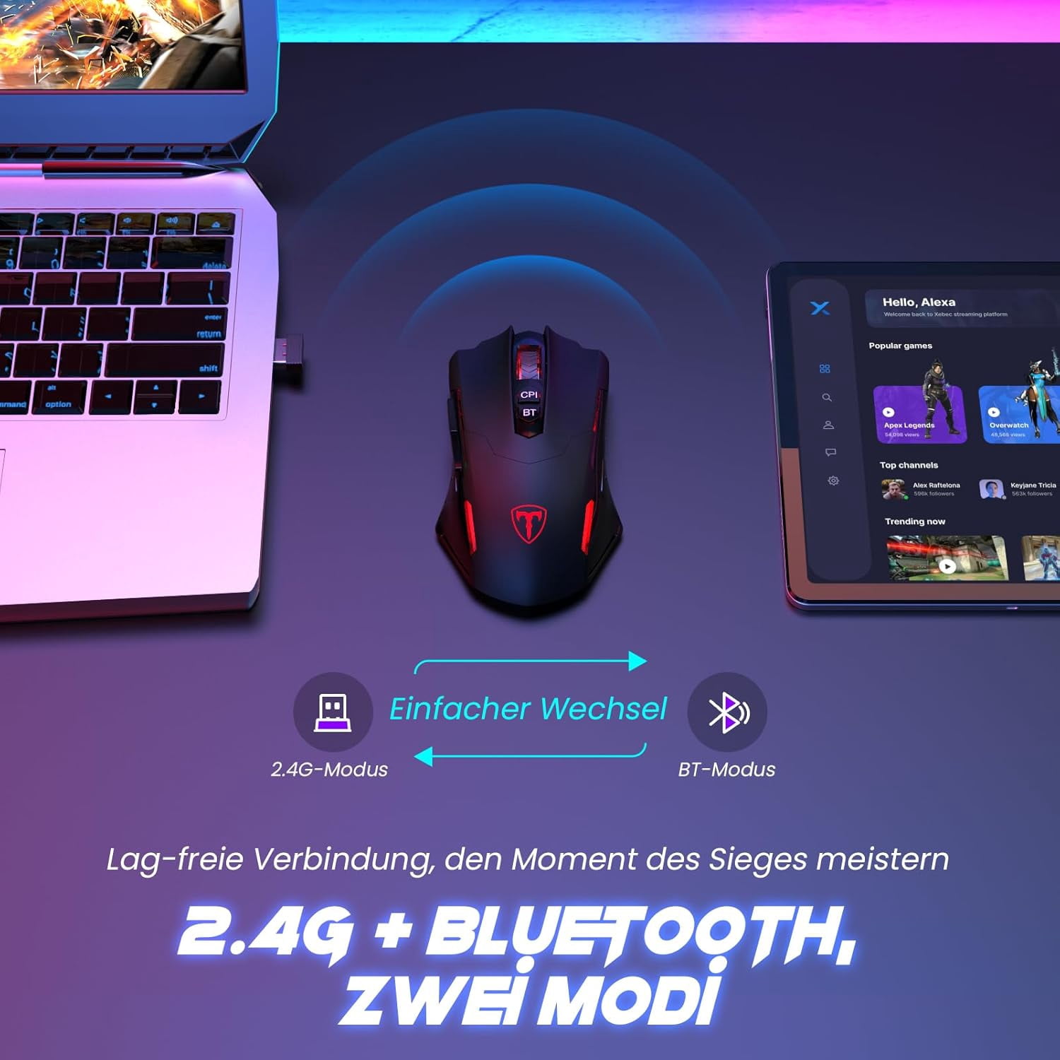 HRTGFD-PC400 Wireless Gaming Mouse with 8000 DPI, 2.4G & Bluetooth Dual Mode Connection - Ergonomic Design, 7 Programmable Buttons, RGB backlighting, Precision Sensor for PC and Gaming