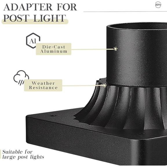 HRTGFD-Pier Mounting Base, 3'' Diameter Fitter Post Light Adapter for Deck Porch Garden, Die-Cast Aluminum in Black Finish, ZD73 BK