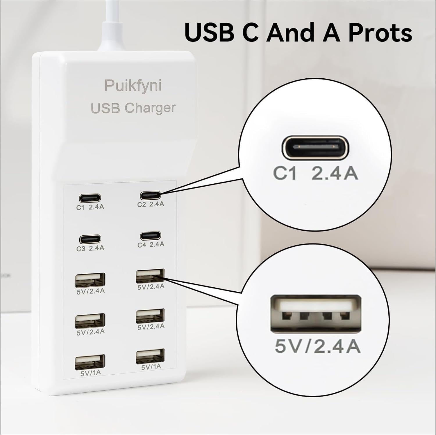 HRTGFD-Portable USB C Charging Station,4 -C- Ports, USB Charging hub 10-Ports/USB c Charger Block for Multiple Devices Phones Tablet Smartwatch Headphones Speakers (USB-4C+6A)