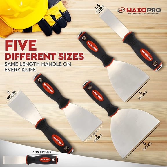 HRTGFD-Professional Putty Knife Set Stainless Steel 5Pcs Durable Putty Knife Scrapers for Drywall Spackle, Filing, Paint Scraping Puddy Knife Wall Repair Kit with Ergonomic Non-Slip Handle