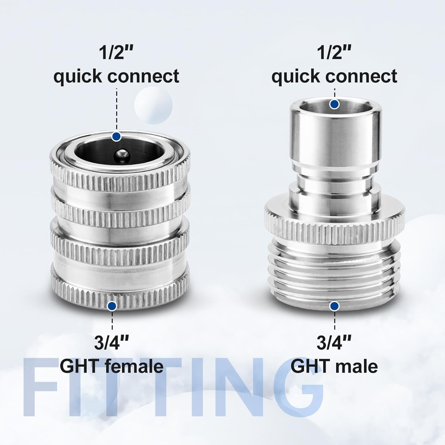 HRTGFD-Quick Connect Hose Fittings, 3/4 Inch GHT Garden Hose Quick Connect Set, Stainless Steel Water Hose Fitting, 2 Pack
