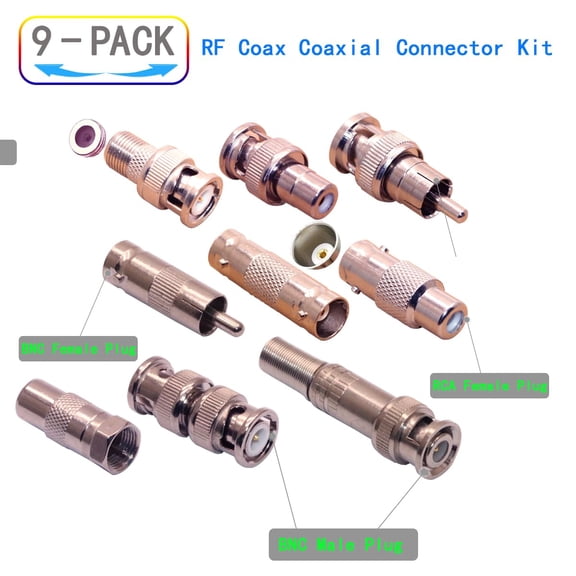 HRTGFD-RF Coaxial Connector Kit, 9-Pack BNC Male/Female Adapters, RCA Plugs, Assorted Coax Connectors