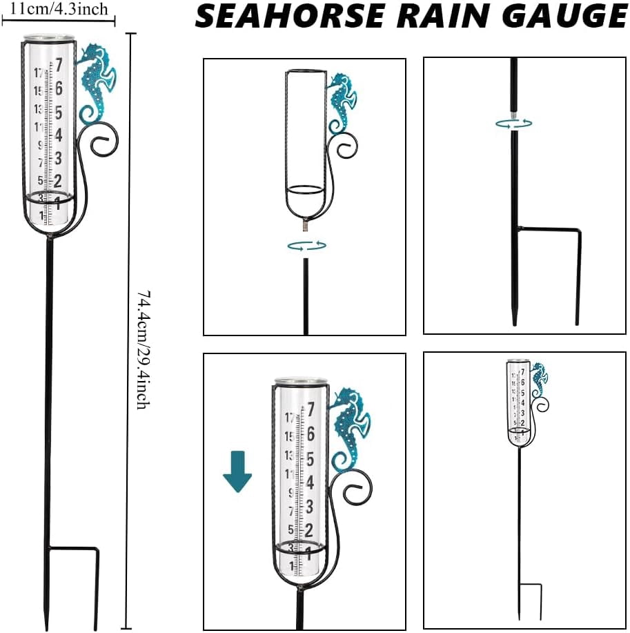 HRTGFD-Rain Gauge Outdoor,7 Inch Glass Decorative Rain Gauge Seahorses Rain Guage Rain Measure Gauge with Metal Stake for Garden Patio Lawn
