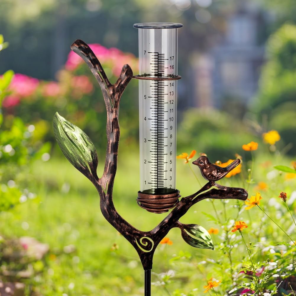 HRTGFD-Rain Gauge Outdoor, Metal Rain Gauge with Stake, 7 Inch Tube Rain Measure Gauge, Decorative Branch Rain Measure Tool for Garden, Lawn, Patio