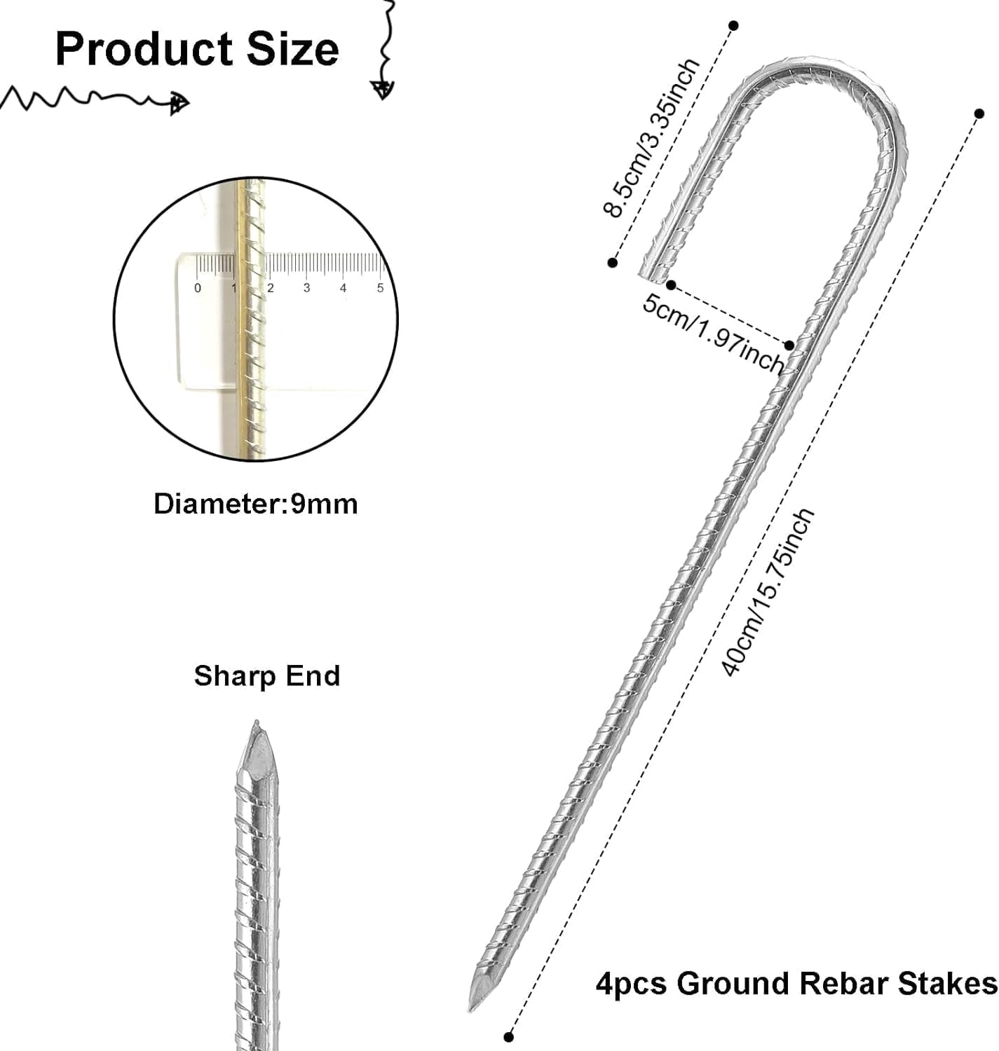 HRTGFD-Rebar Stakes 16 Inch, Heavy Duty Galvanised Steel Rebar Ground Stakes, Fence Anchors, Ground Stakes with Hook, Ground Blind Stakes for Marquees, Gazebos, Tents, Trampolines, Camping
