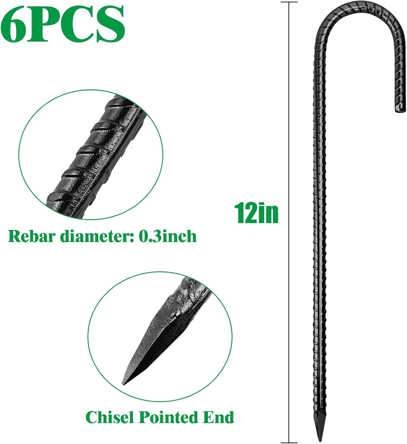HRTGFD-Rebar Stakes, Heavy Duty Metal J Hook Garden Ground Stakes for Camping Tent Canopy (J Shape-Black, J-12 x5/16-6pcs)
