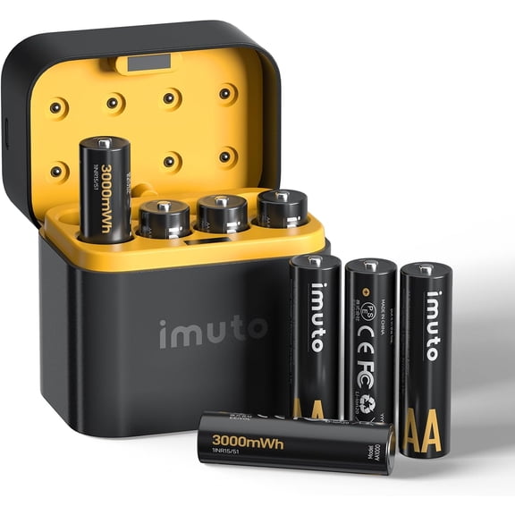 HRTGFD-Rechargeable aa Batteries with Charger, 3000mWh aa Lithium Batteries 8 Pack, 8 Slot Storage Box Style Lithium aa Battery Charger, 1.5V 2A Output, 1600+ Cycle Life, 2.5H Fast Charging