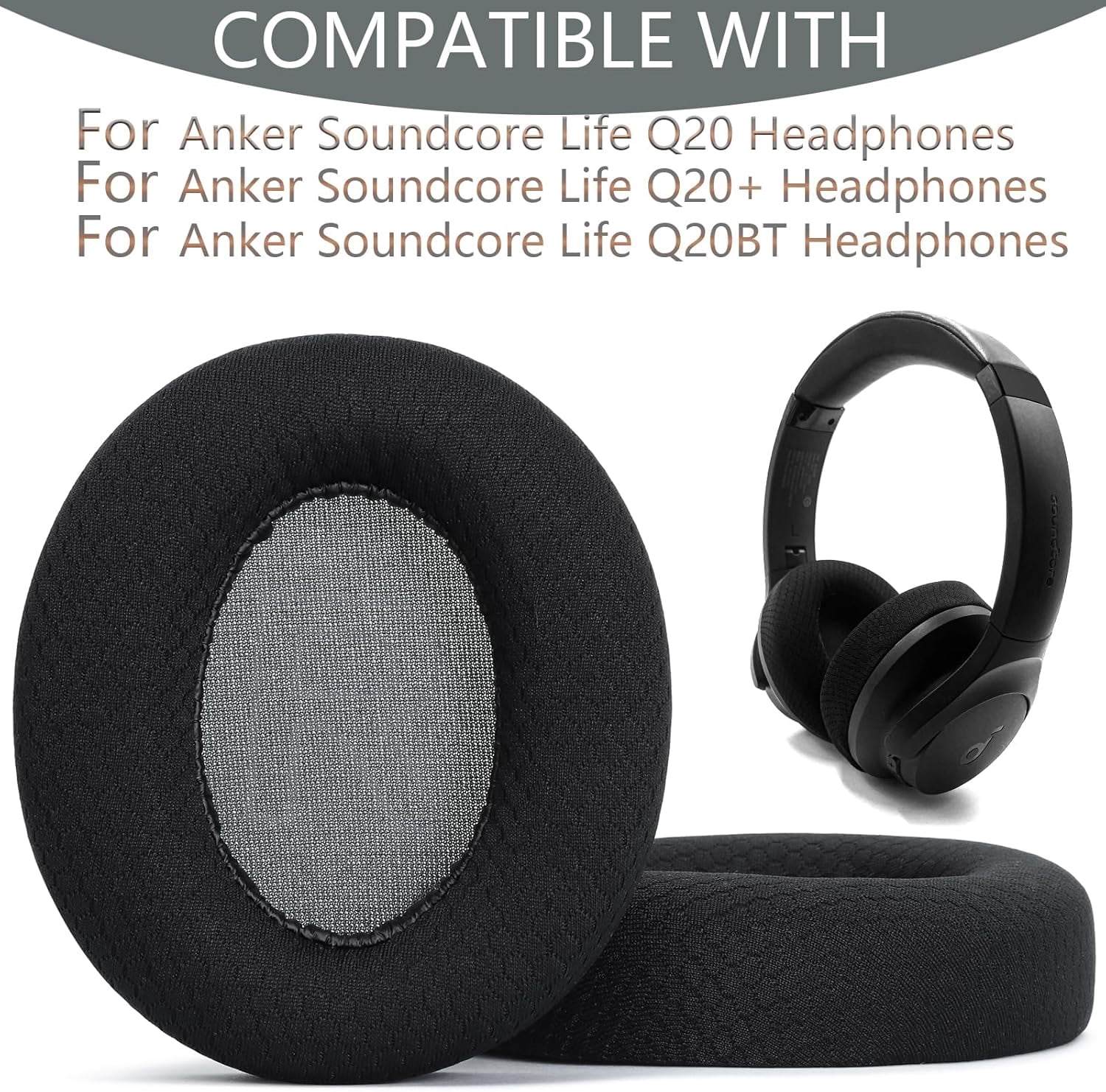 HRTGFD-Replacement Ear Pads Cushions for Anker Soundcore Life 2/Q20/Q20+/Q20I/Q20BT Headphones (Not fit Life 2 Neo) Ear Pads Football Mesh Fiber Weave and High Density Sponge - Black