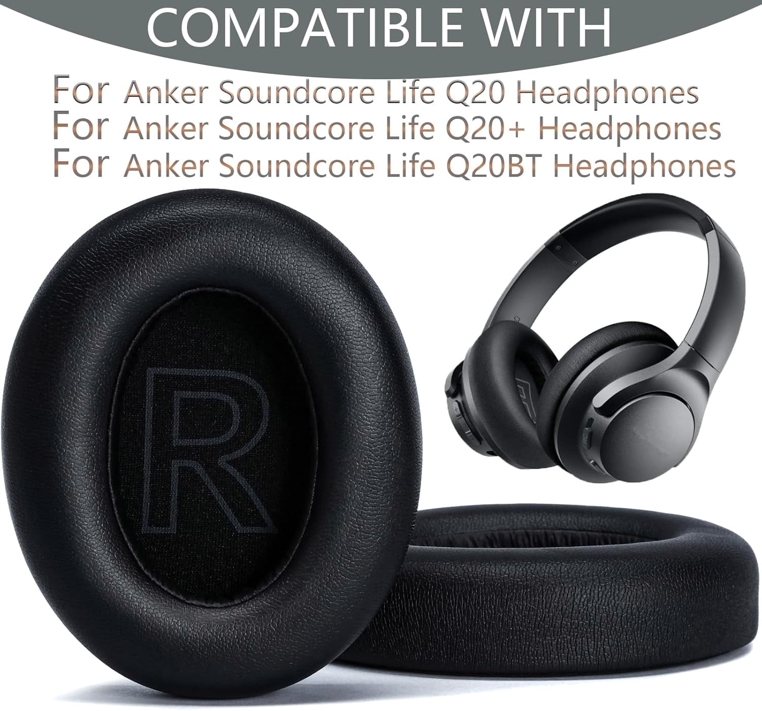 HRTGFD-Replacement Ear Pads Cushions for Anker Soundcore Life 2/Q20/Q20+/Q20I/Q20BT Headphones (Not fit Life 2 Neo) Ear Pads are Made of Protein Leather and high-Density Sound-isolating Sponge - Blac