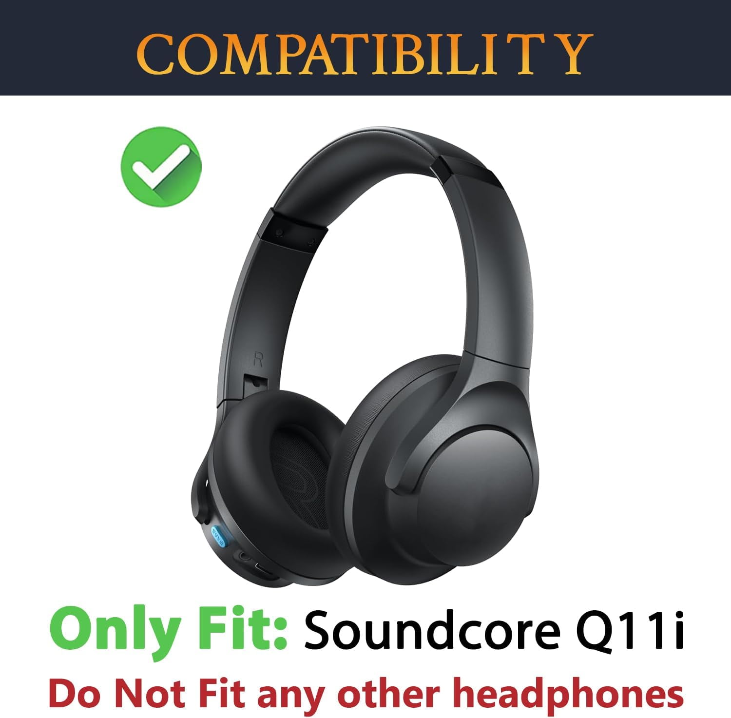 HRTGFD-Replacement Earpads for Anker Soundcore Q11i Wireless Over-Ear Headphones, Ear Pads Cushions with Soft Protein Leather and High-Density Memory Foam - Black