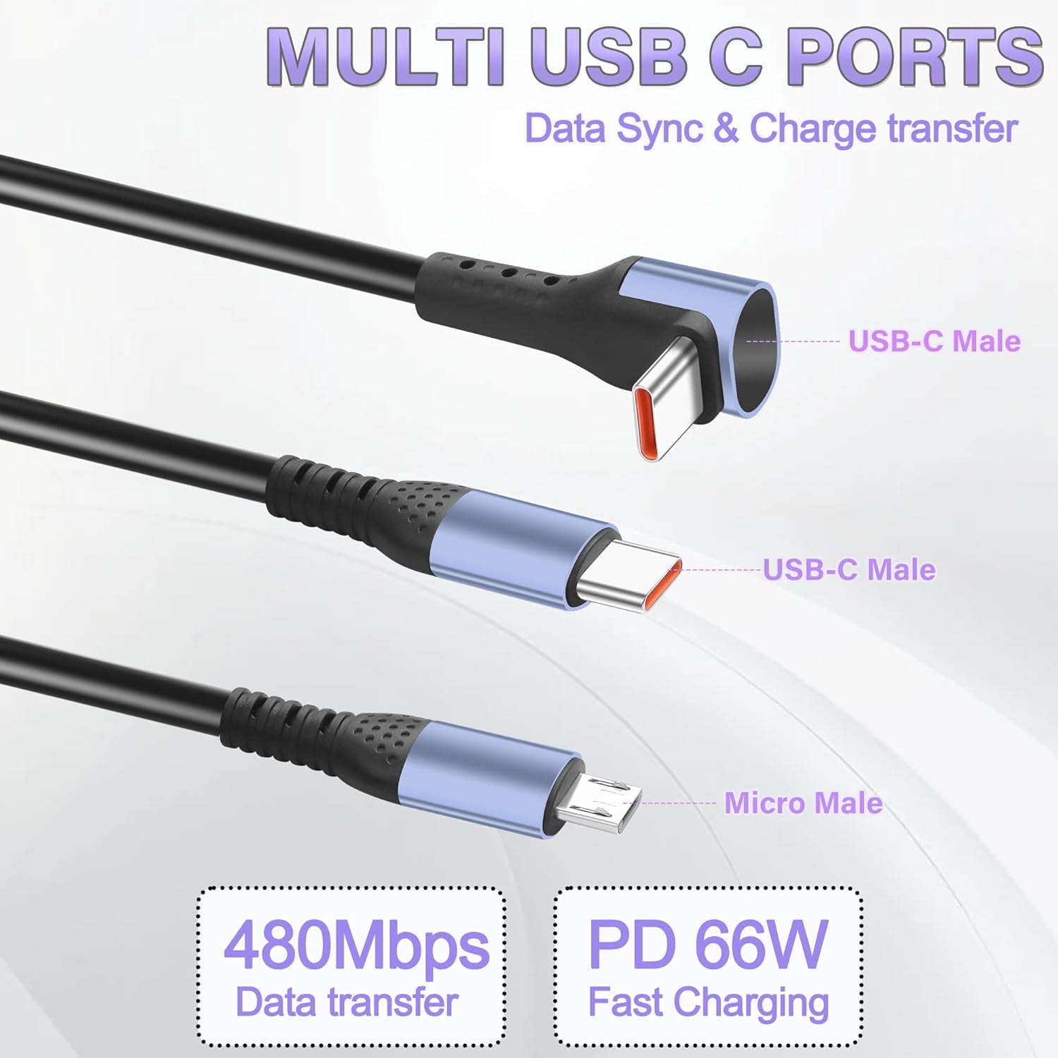 HRTGFD-Retractable 2 in 1 USB C Charging Cable,6A Coiled Type-C Fast Charging for Car,Multi USB C Splitter Cable with Type-C,Micro USB Port for Mobile Phones,Tablet,Cars,and More