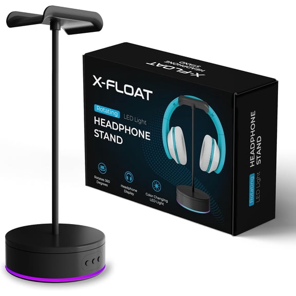 HRTGFD-Rotating Headphone Display Stand for Desk with LED Lights - Spinning Gaming Headset Stand (Black)
