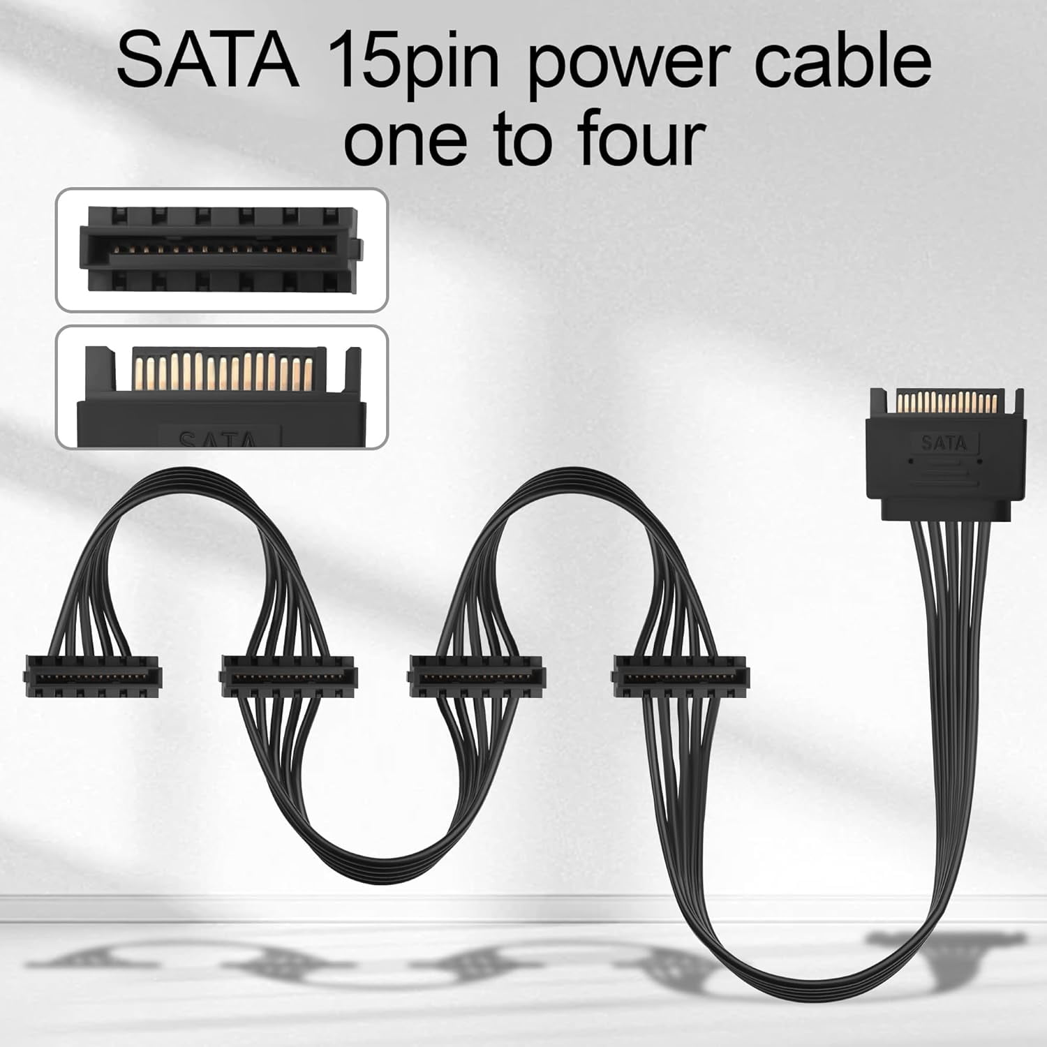HRTGFD-SATA 15PIN Male to 4 SATA 15 Pin Female Power Splitter 1 to 4 Serial ATA Powered Expansion Cable for PC/NAS/Server SSD/HDD, DVD/CD-ROM - 20.5 in.