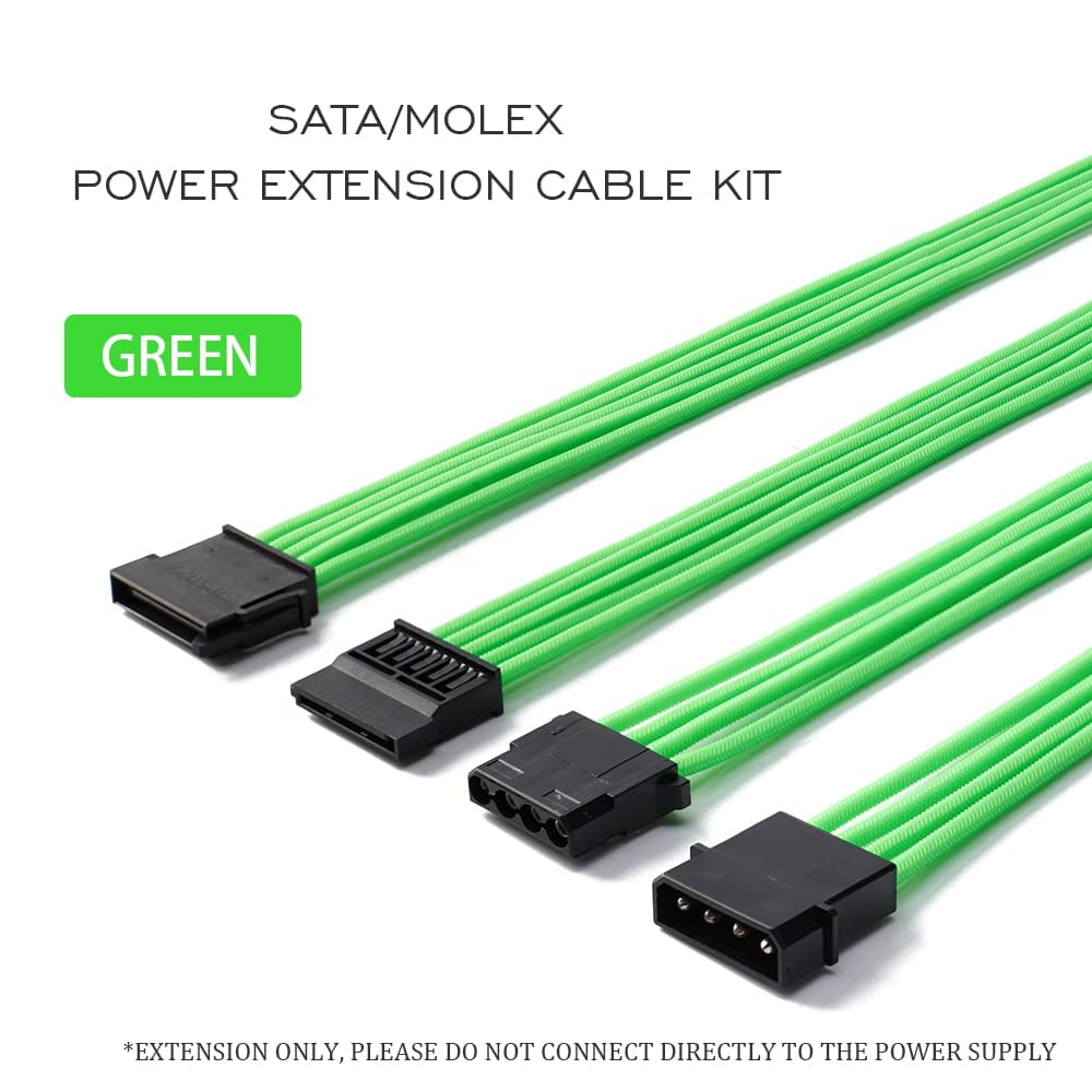HRTGFD-SATA + Molex Power Extension Cable Kit, Male to Female 11.8 Inch Extender Sleeve Power Cables (Green)