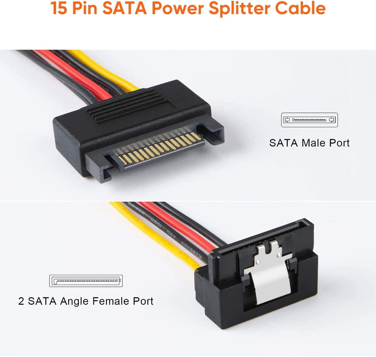 HRTGFD-SATA Power Cable, [2-Pack] 6-Inch SATA 15 Pin Male to 2xSATA 15 Pin Down Angle Female Power Splitter Cable