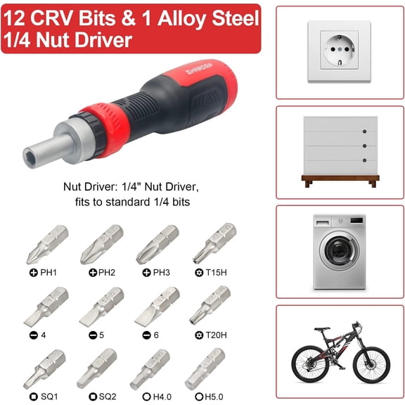 HRTGFD-SHARDEN Ratchet Screwdriver 13-in-1 Ratcheting Screwdriver Set Multi Screwdriver Tool All in One with Torx Security, Flat Head, Phillips, Hex, Square and 1/4 Nut Driver